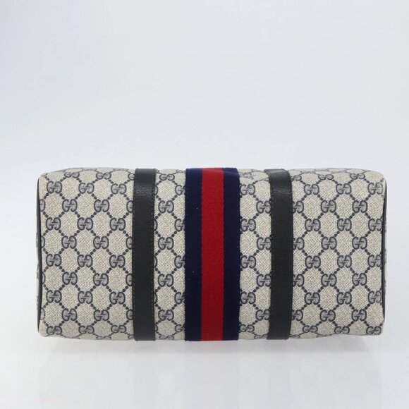 GUCCI GG Supreme Sherry Line Boston Bag PVC Navy Gold Red 40 3842 Auth BA5638 - Picture 7 of 16
